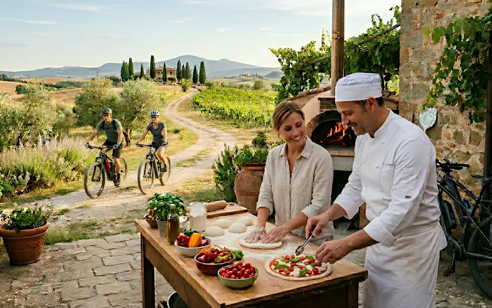 Making pizza at a Tuscan organic farm with a wood-fired oven, e-bikes and rolling hills behind