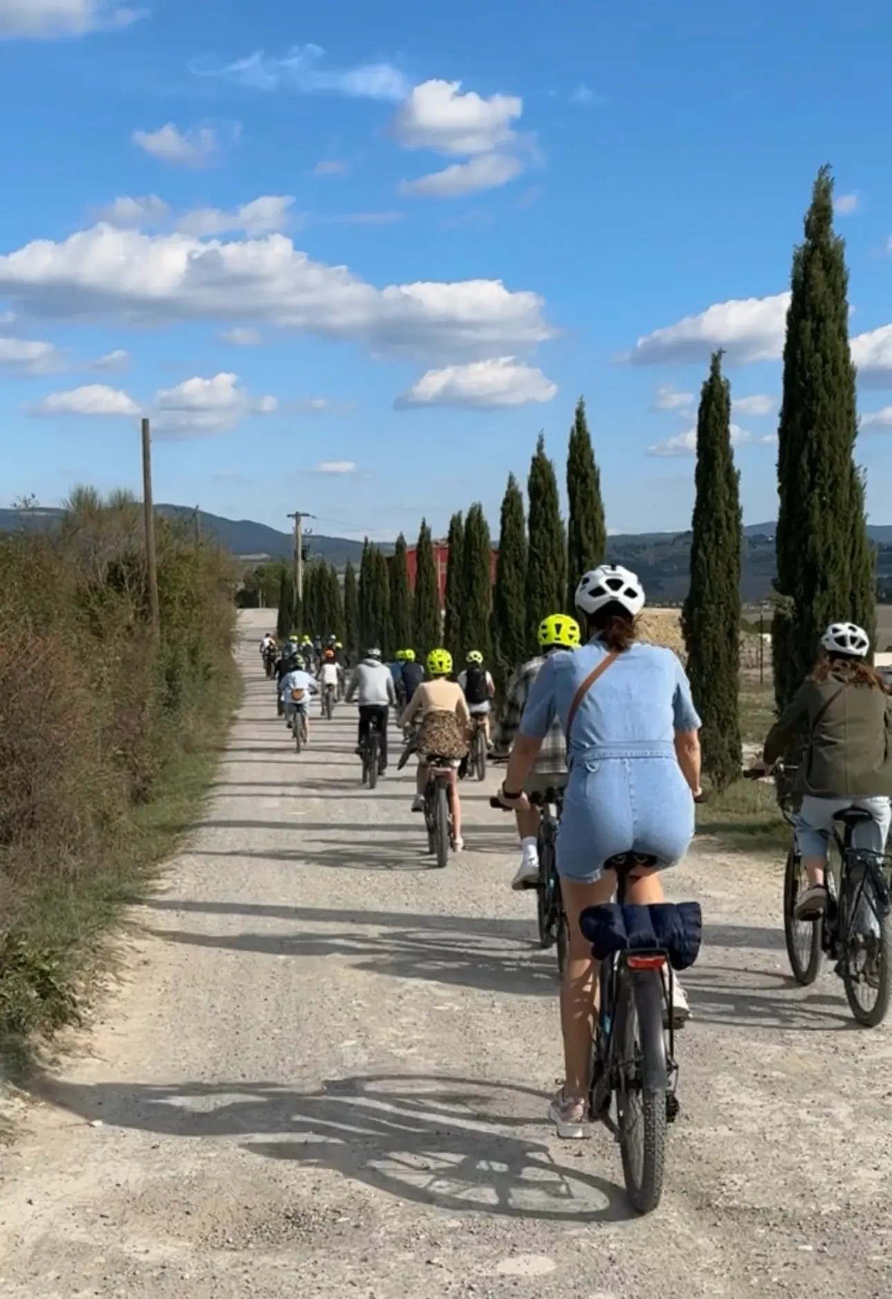 Guests riding e-bikes on a cypress-lined gravel road through the Tuscan hills