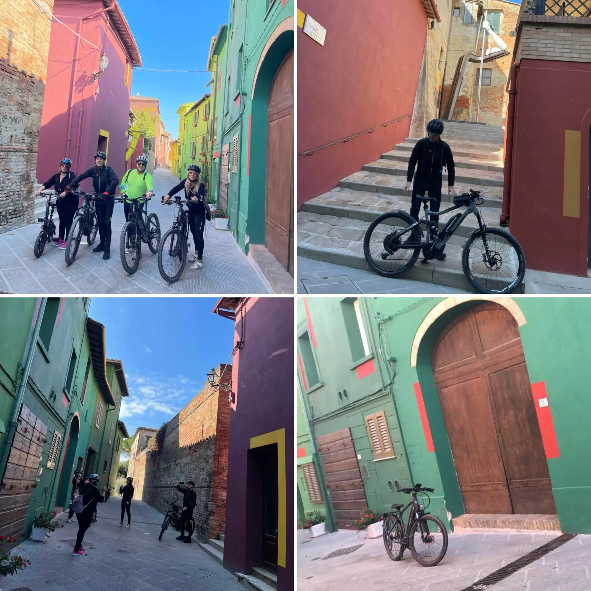 E-bikers in the colourful painted streets of Ghizzano, the village of a thousand colours