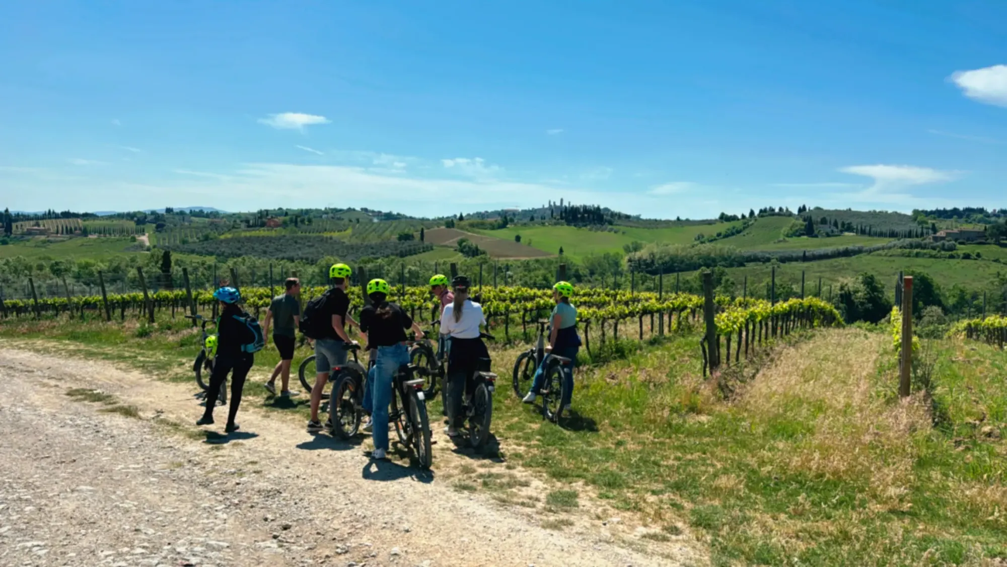 E-bike group by a vineyard with the towers of San Gimignano in the distance